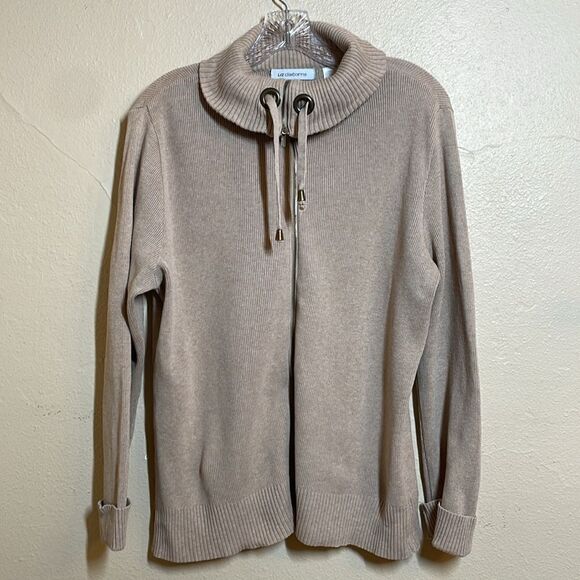 Liz Clairborne Cotton Cardigan Front Zip Turtleneck Beige size Large - Picture 1 of 13